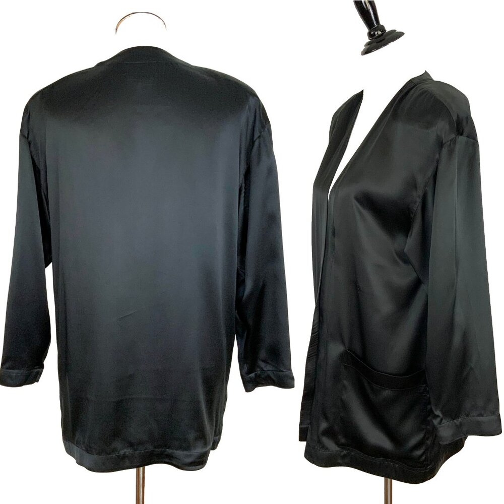 Black Satin Silk Open-Front Jacket Kimono-Style Robe Sz M - Picture 6 of 16